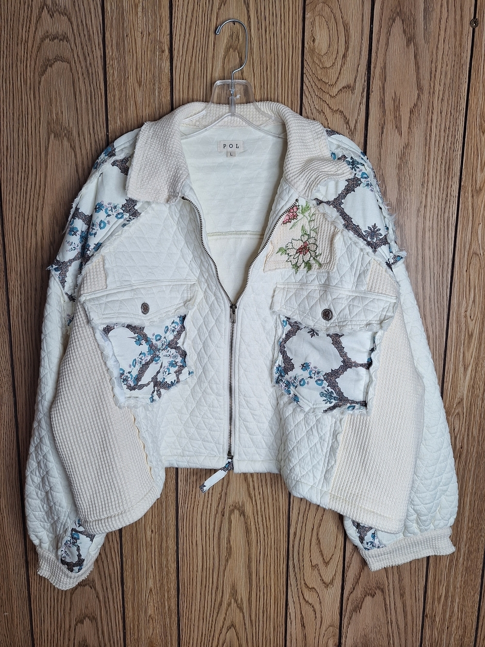 POL Quilted Cream Patchwork Bomber Jacket Size Large